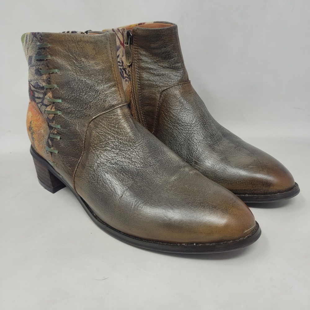 L'Artiste by Spring Step Boots EU40 US9 Brown Leather Floral Zip Ankle Booties